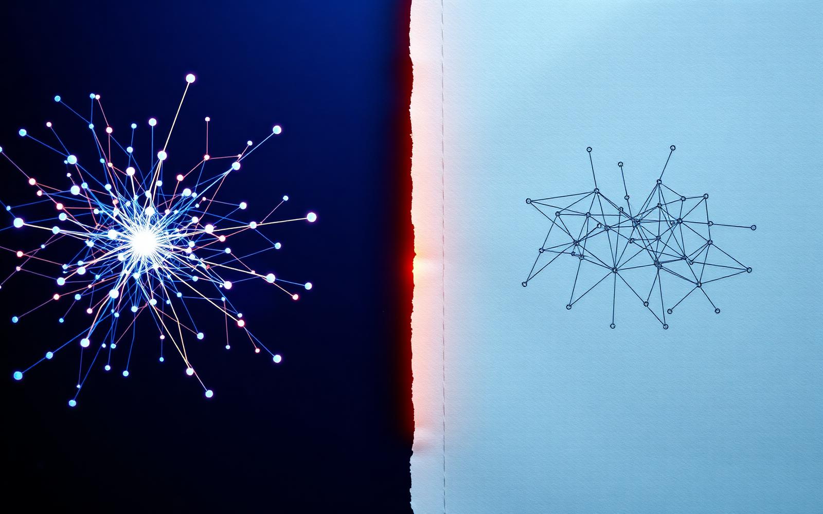 Split-screen editorial illustration: neural network on the left, hand-drawn wireframe on the right, meeting at a warm orange seam.
