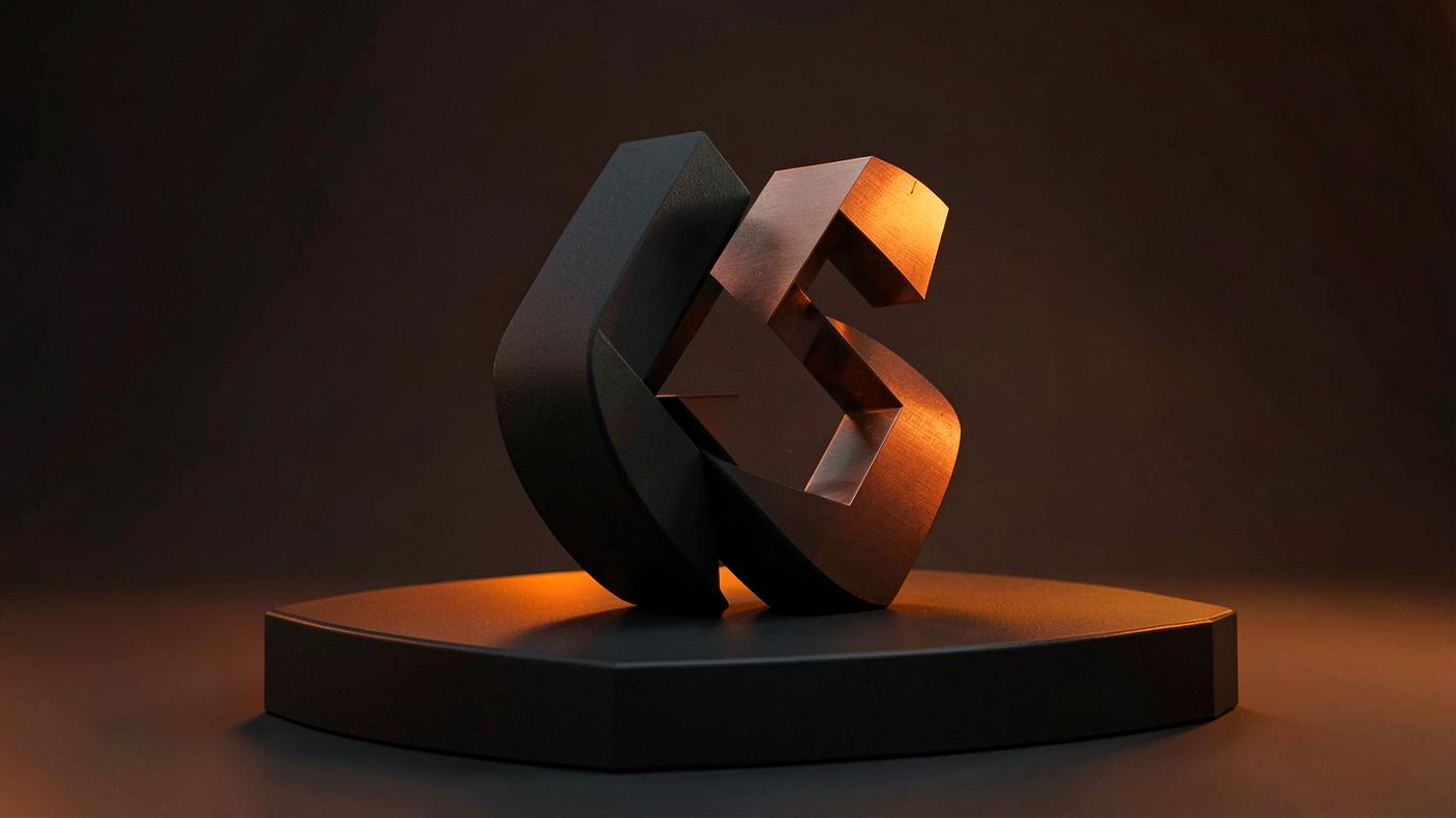 Editorial 3D render of a geometric sculpture in matte black and brushed copper on a dark pedestal.