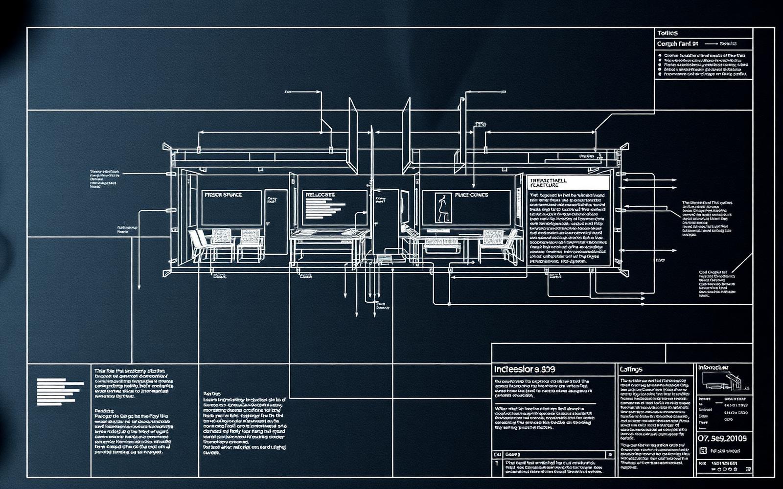 Editorial blueprint of a website architecture drawn as an architectural drawing with warm accent lines.
