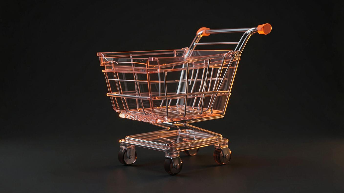 Editorial 3D render of a translucent copper shopping cart lit by warm orange light on a dark studio background.