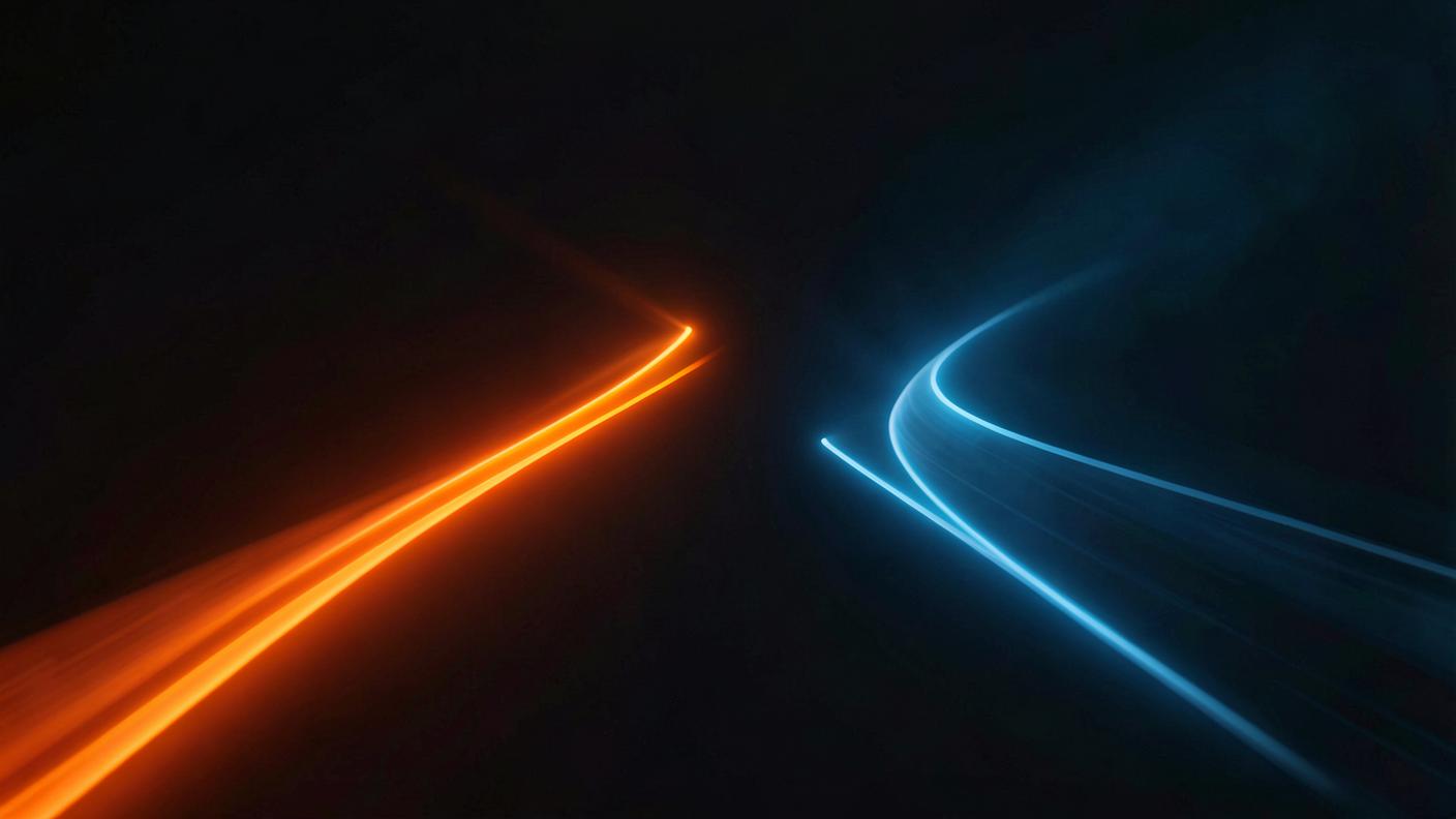 Editorial 3D render of two glowing light trails, one orange and one blue, diverging across a dark plane.