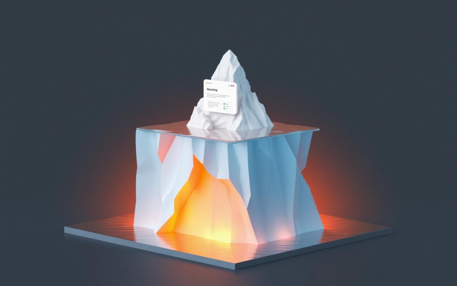 Editorial illustration of an iceberg where the small visible top is a website and the massive submerged portion is hidden costs.
