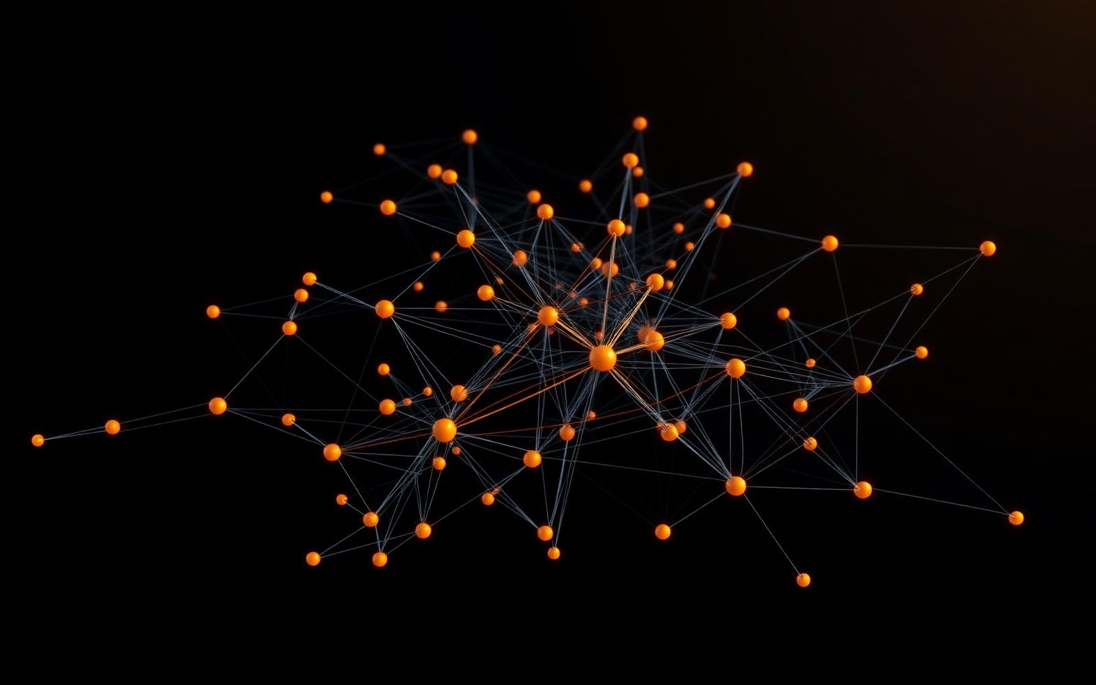 Neural network converging into an editorial layout, warm orange accents.
