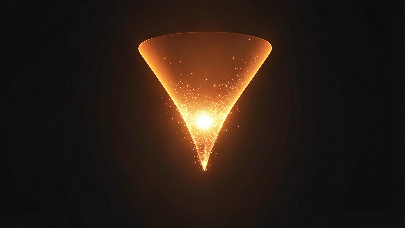 Editorial 3D render of a glowing orange funnel of light narrowing into a bright point on a dark background.
