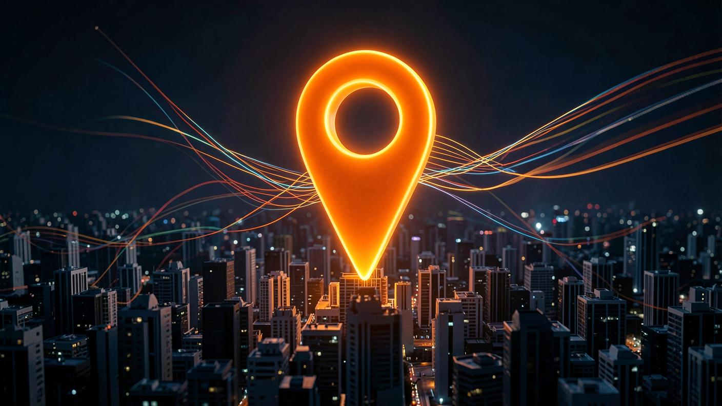 Editorial illustration of a glowing map pack pin lifting above a dark city skyline with data flowing into it.