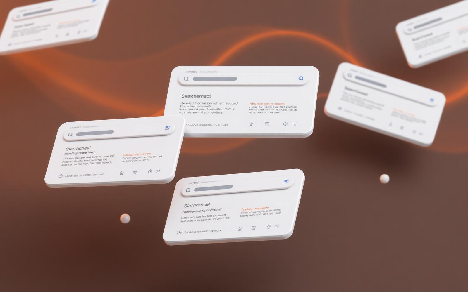 Search results reimagined as an editorial cover with AI Overviews cards floating.