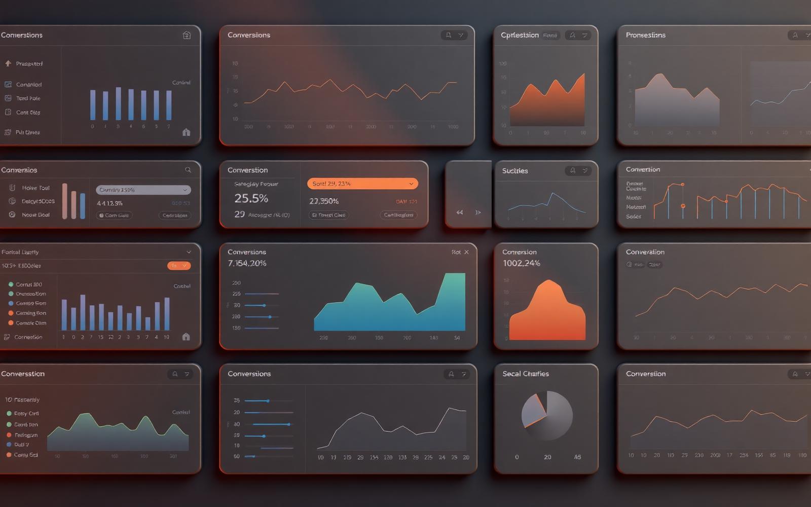 Editorial visualization of conversion metrics ascending inside a modular grid, warm palette.
