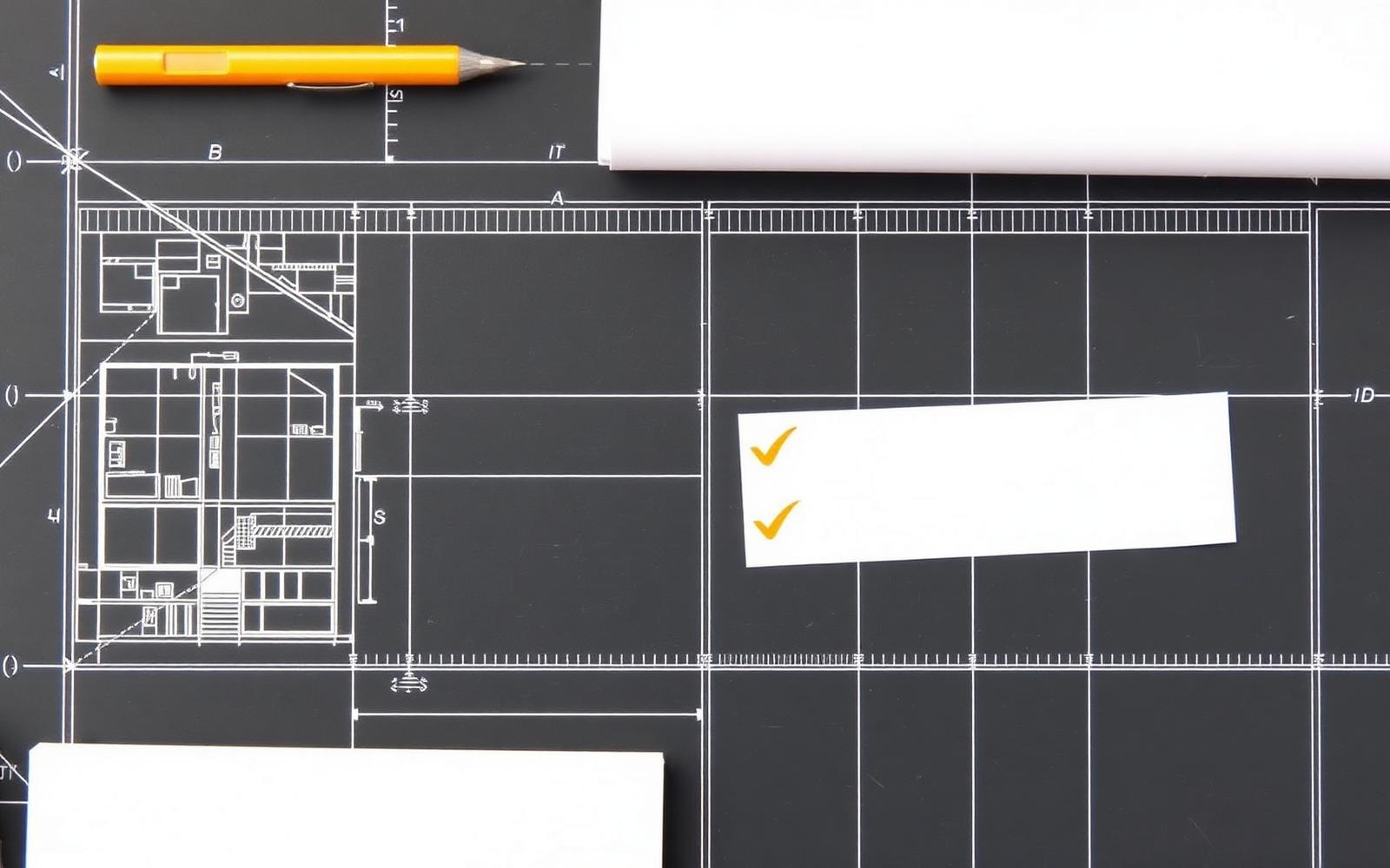 Checklist and blueprint visual with warm accents on a dark editorial background.