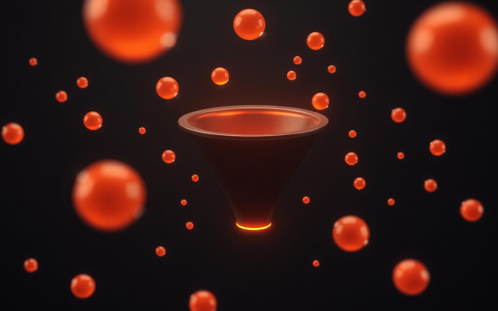 Editorial visualization of a lead funnel with subtle metrics overlays.
